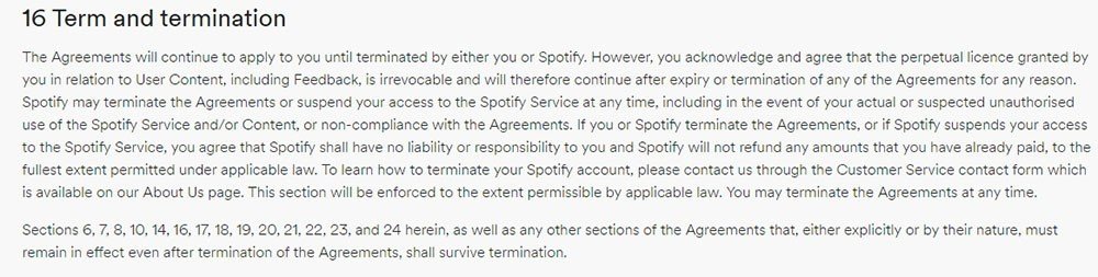 Spotify Terms and Conditions of Use: Term and Termination