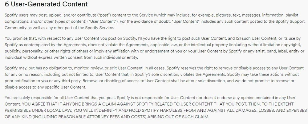 Spotify Terms and Conditions of Use: User-generated content