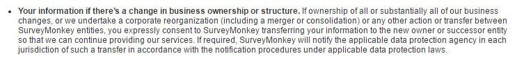 SurveyMonkey Business Transfer clause with explanation of legal notice procedures