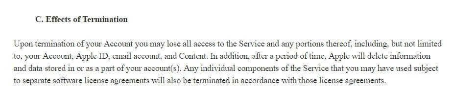 Termination clause in Apple iCloud Terms and Conditions