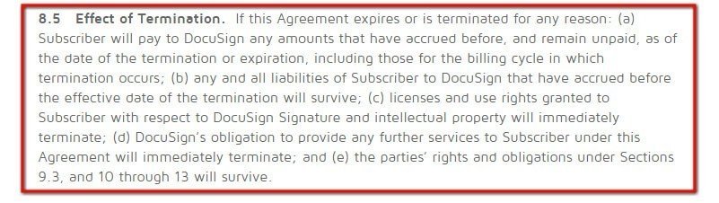 DocuSign Terms of Use: Effect of Termination clause