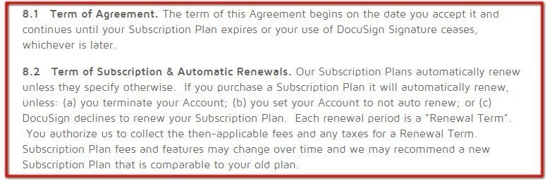 DocuSign Terms of Use: The Term of Agreement clause