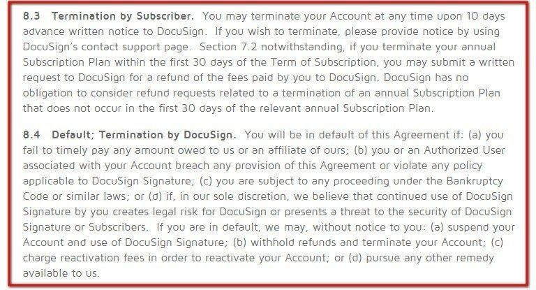 DocuSign Terms of Use: Term and Termination clauses