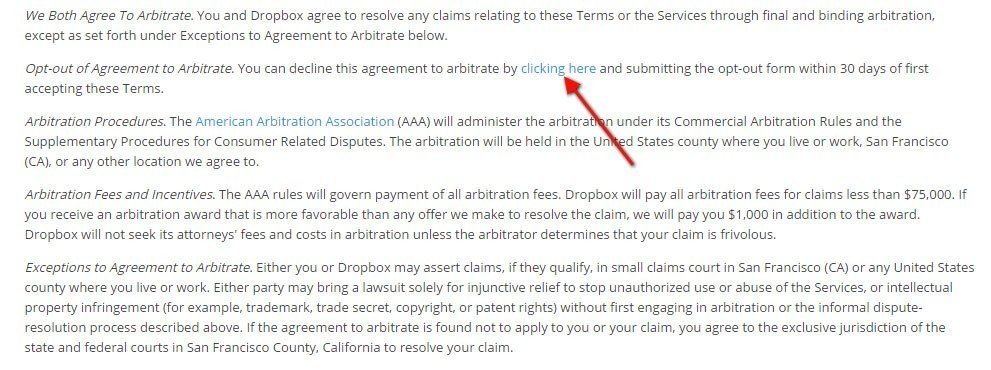 Dropbox Terms of Service: Highlight arbitration clause