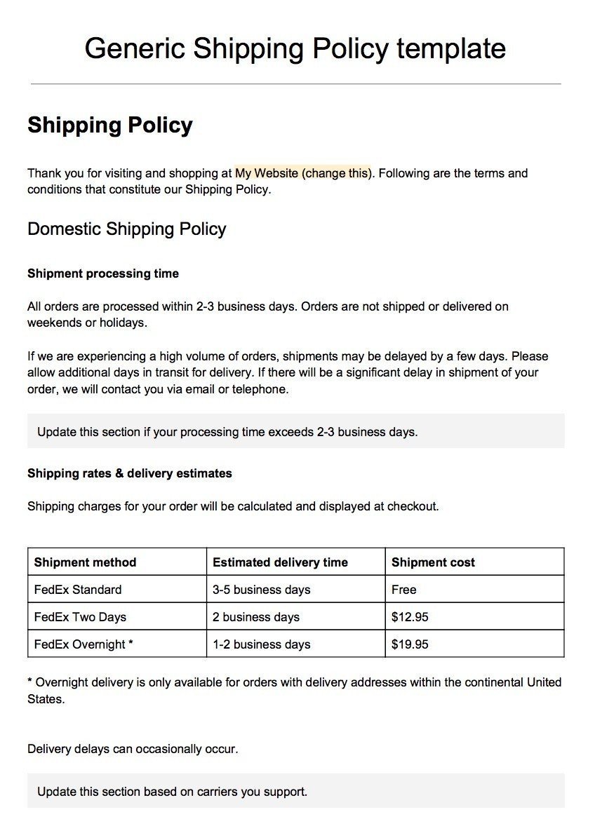 Screenshot of the Generic Shipping Policy Template
