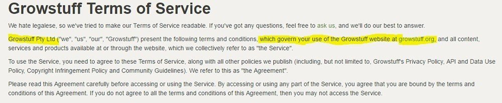 Growstuff Terms of Service: Company Name