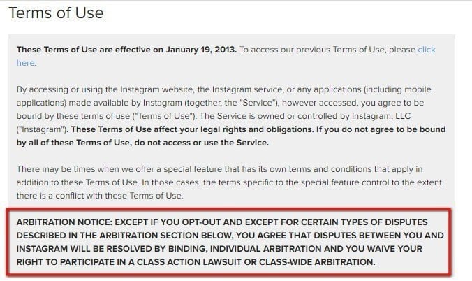 Arbitration Notice in Instagram Terms of Use