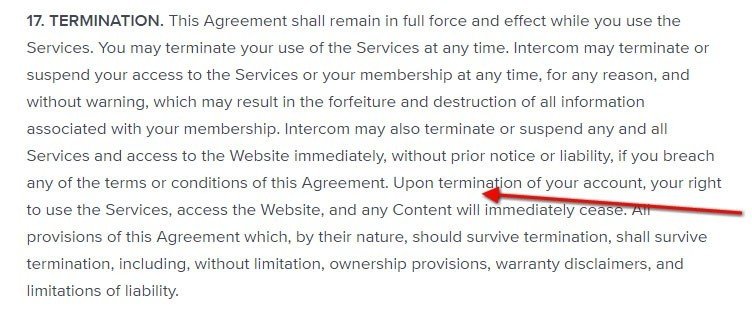 Termination clause in Intercom Terms of Service