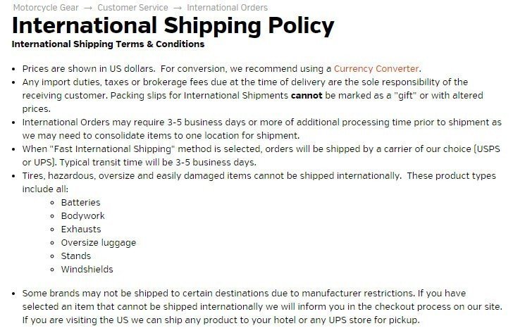 Screenshot of Revzilla International Shipping Policy