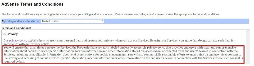 Screenshot of Google AdSense Terms and Conditions