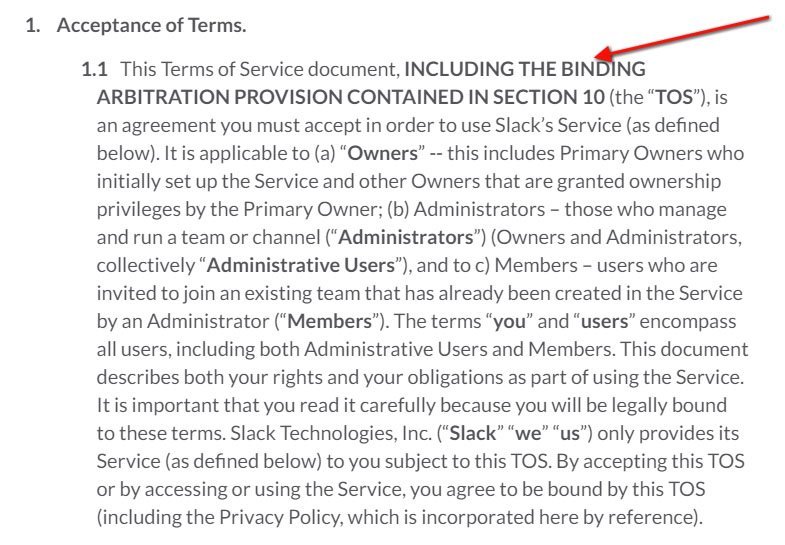 Slack Terms of Service: Highlight arbitration clause