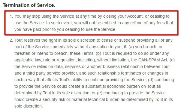 Termination clause in ToutApp Terms of Service