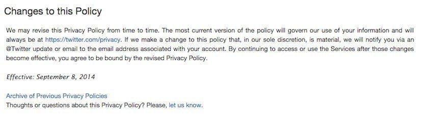 Twitter Privacy Policy page: Changes to this policy