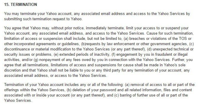Termination clause in Yahoo! Terms of Service