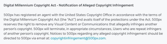 500px Terms of Service with separate email in DMCA clause