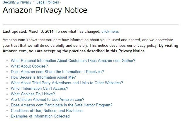The start of the Amazon Privacy Notice FAQ