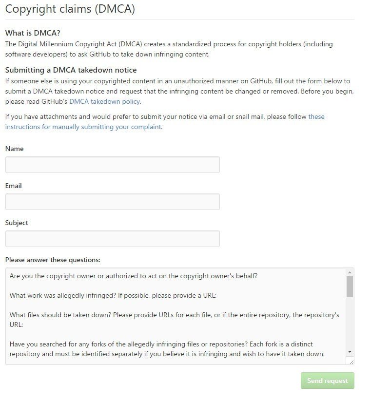 GitHub DMCA form: Submit takedown notice