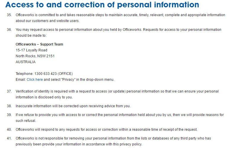 Officeworks Privacy Policy: Access and Correction to personal information