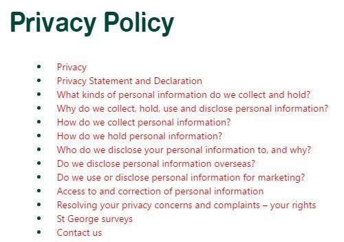 St George Bank Privacy Policy FAQ Table of Contents