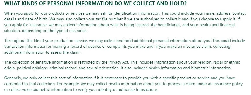 St George Bank Privacy Policy: What kinds of personal information