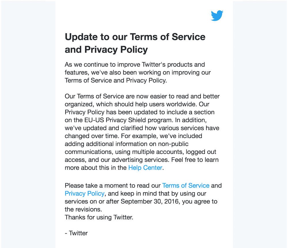 Twitter Email Notice in Sep 2016 on Terms Service/Privacy Policy updates
