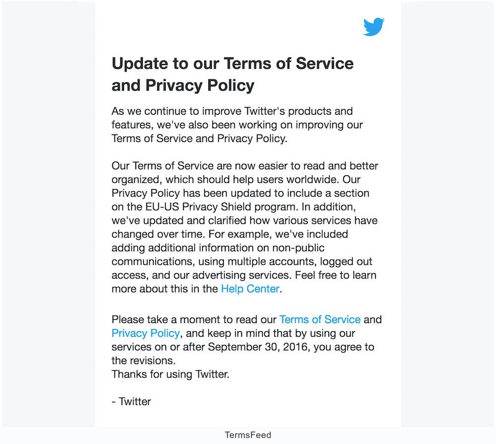 Twitter Email Notice in Sep 2016 on Terms Service/Privacy Policy updates