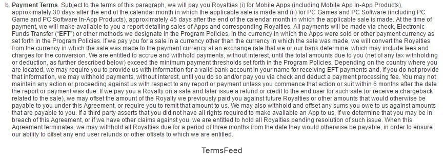 Payment terms clause in Amazon Appstore Distribution terms of Use
