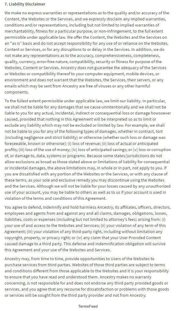 Ancestry: Liability disclaimer in Terms and Conditions