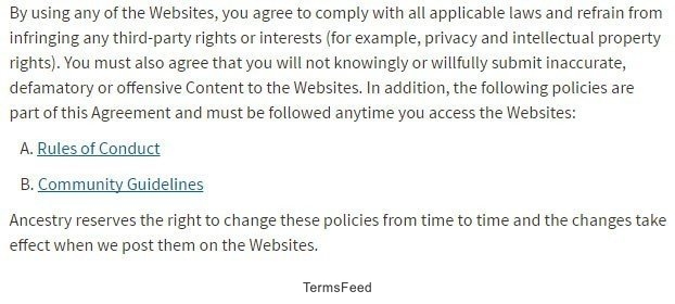 User rules of conduct in Ancestry Terms and Conditions