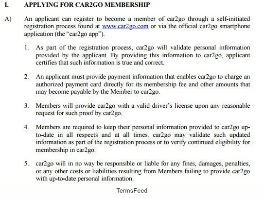 Apply for membership in car2go Terms and Conditions