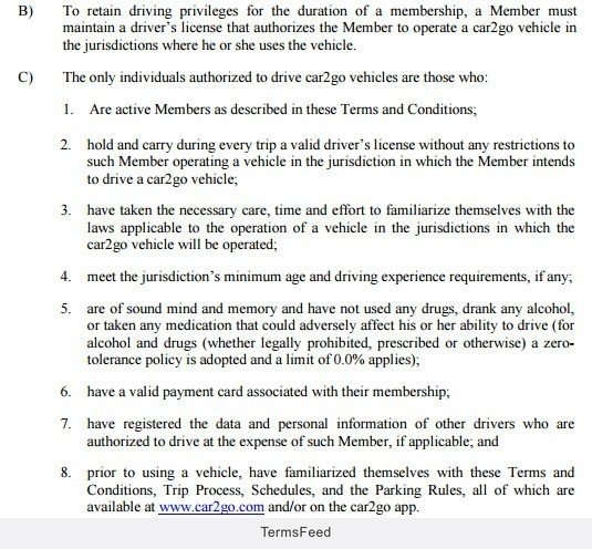 Driving Privileges in Car2go Membership Terms and Conditions