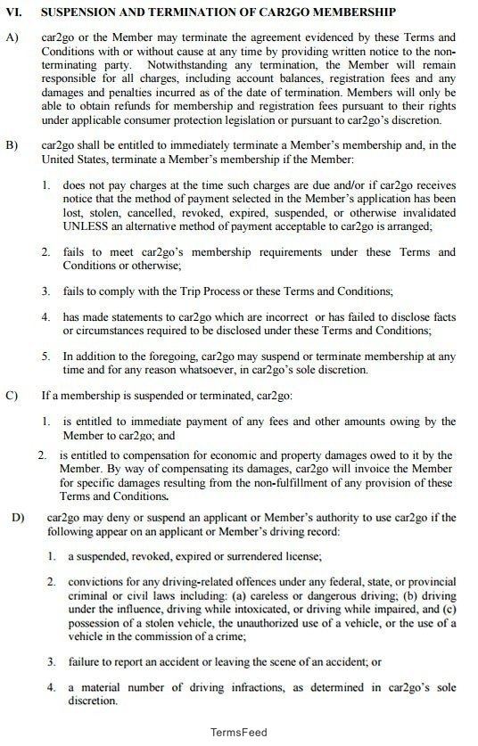 Termination of membership in Car2go Terms and Conditions