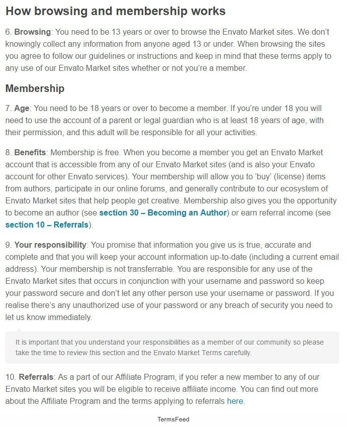 Age limit of membership in Envato Market Terms