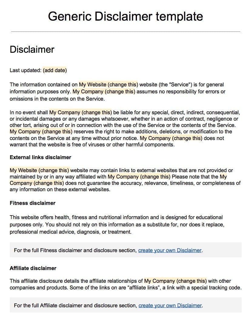Screenshot of the Generic Disclaimer Template