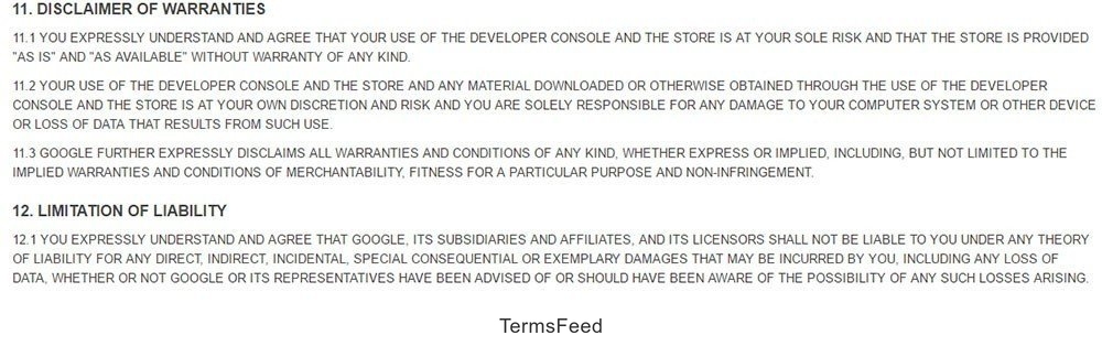 Disclaimer of warranties clause in Google Play Store Distribution Agreement