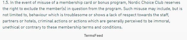 Termination from Nordic Choice Hotels in Terms and Conditions