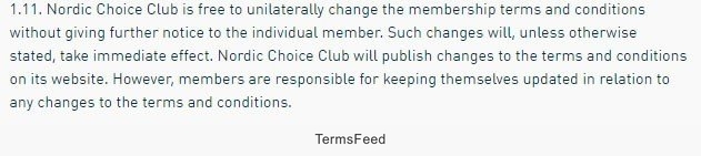 Nordic Choice Hotels: Unilaterally change the rules on membership clause