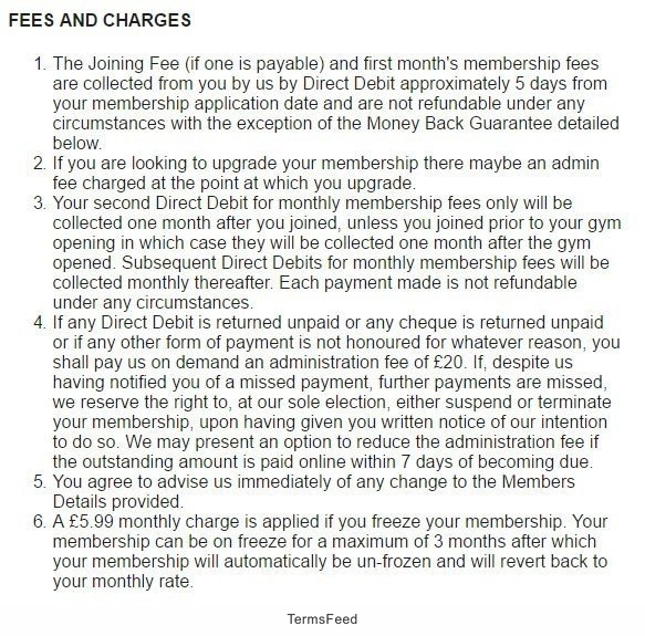 Fees and charges in Pure Gym Terms and Conditions