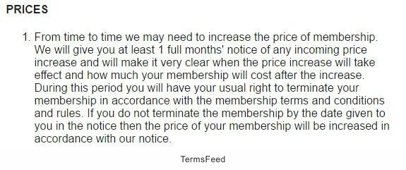 Prices section in Pure Gym Terms and Conditions