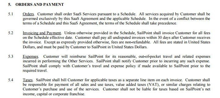 Sailpoint: Orders and Payment clauses in SaaS agreement