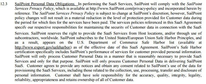 Sailpoint: Privacy Policy referenced in SaaS agreement