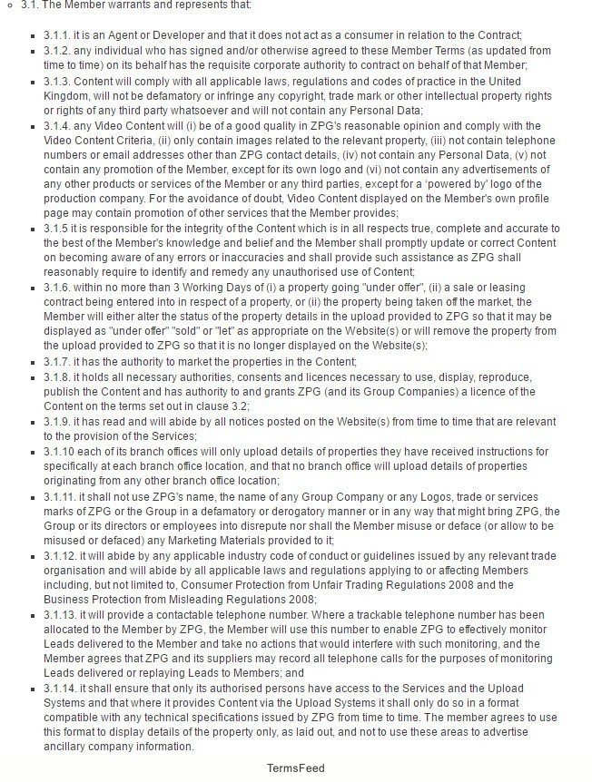 Members section in Zoopla Membership Terms and Conditions