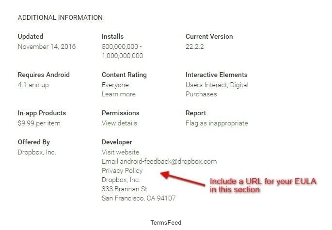 Include the URL to your EULA on the Profile page of your app