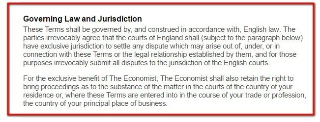 Economist Terms of Use and its Governing Law clause