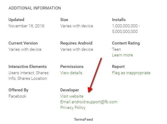 Facebook Android App on Play Store: Link to Privacy Policy