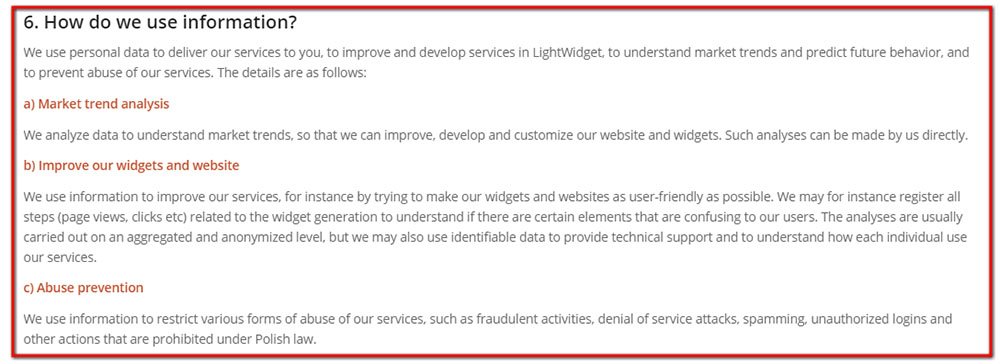 How do we use information clause in Lightwidget Privacy Policy