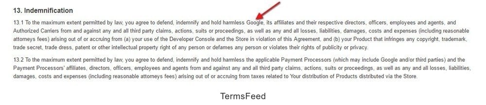 Example of indemnification clause from Google Play Store Developer Distribution Agreement