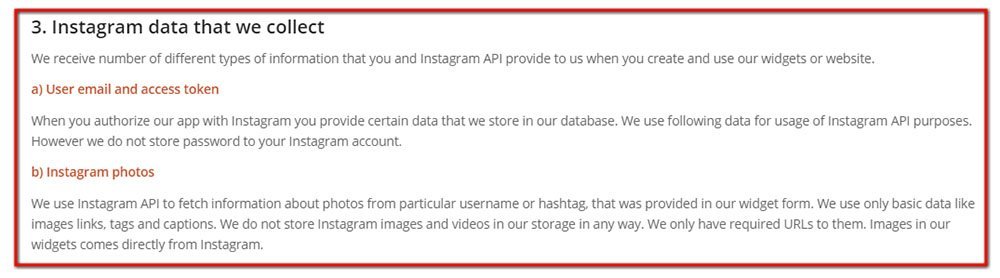 Instagram data we collect clause in Privacy Policy of Lightwidget