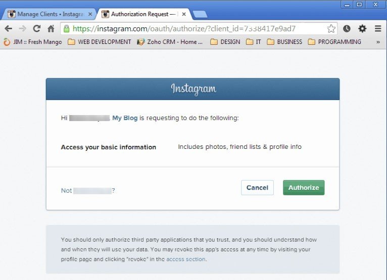 Instagram webpage: Authorize and confirmation