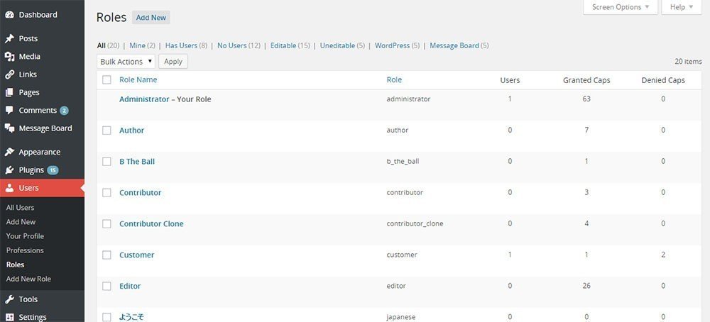 Screenshot of Members WordPress Plugin: Roles screen